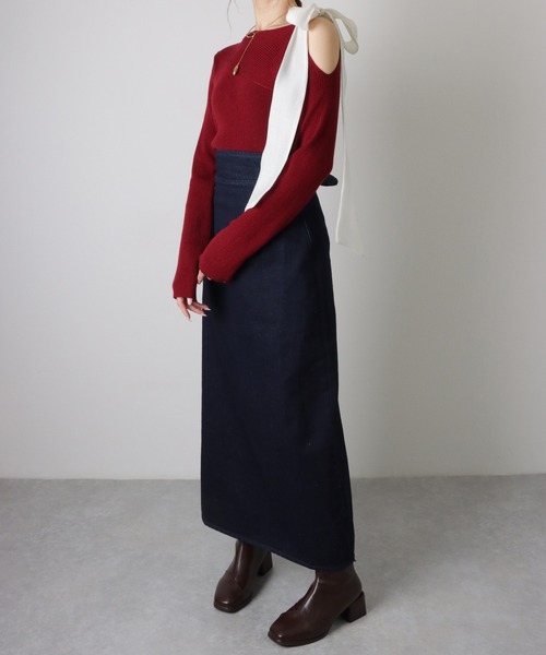 back ribbon slit tight denim skirt /バックリボン スリット