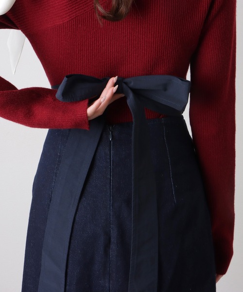 back ribbon slit tight denim skirt /バックリボン スリット