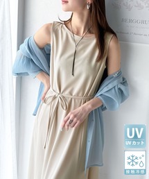 UVカット ・接触冷感・防シワ機能付きで選べる2丈(ロング丈/ミモレ丈)!ウエストリボン ボートネック 美ラインノースリーブワンピース