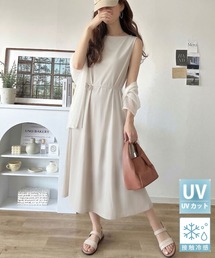 UVカット ・接触冷感・防シワ機能付きで選べる2丈（ロング丈/ミモレ丈）！ウエストリボン ボートネック 美ラインノースリーブワンピース