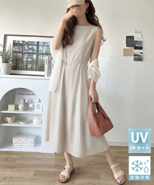 classicalelf(クラシカルエルフ)の「UVカット ・接触冷感・防シワ機能付きで選べる2丈(ロング丈/ミモレ丈)!ウエストリボン ボートネック 美ラインノースリーブワンピース(ワンピース・レディース・ブラック系1/アイボリー系1/ブラック系2/ブラウン系2/ブラウン系1/アイボリー系2・LARGE/MEDIUM/SMALL/X-LARGE)」の6枚目の写真