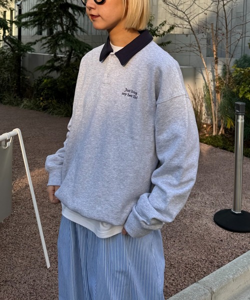 CIAOPANIC TYPY（チャオパニックティピー）の「【UNISEX】刺繍ロゴバイカラーポロスウェット（ポロシャツ・メンズ・ブルー/ネイビー/グレー・MEDIUM/LARGE）」の8枚目の写真