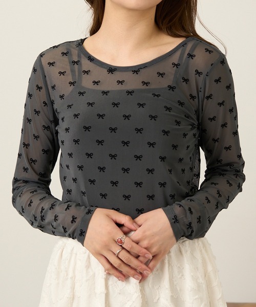 MAGASIN DE MODE Chou Chou(マガジンデモードシュシュ)の「【MAGASIN DE MODE Chou Chou】シアーリボンフロッキープルオーバー DTK(Tシャツ/カットソー・レディース・グレー/アイボリー/ブラック・FREE)」の14枚目の写真