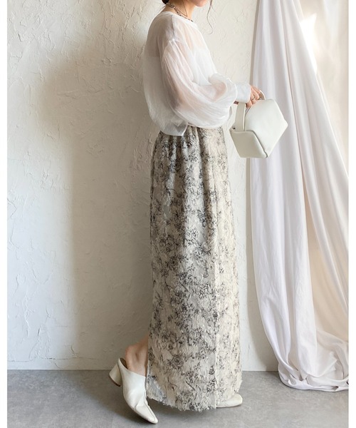 She's Closet(シーズクローゼット)の「花柄シアージャガードハイウエストナローロングフリンジスカート(スカート・レディース・ベージュ/オフホワイト・FREE)」の6枚目の写真