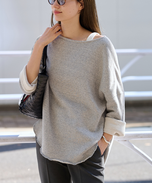 FRAMeWORK コットンリヨセルボートネックプルオーバーSWEAT グレー FRAMeWORK（フレームワーク）の「コットンリヨセルボートネックプル