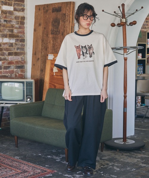 CAT&DOG アニマル グラフィック プリント 半袖 リンガーTシャツ