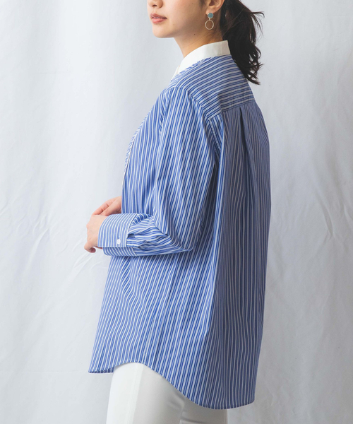 NARACAMICIE（ナラカミーチェ）の「【NARACAMICIE】ストライプクレリックバンドカラー長袖シャツ（シャツ/ブラウス・レディース・ブルー/ブラック・M/XL/L/S）」の5枚目の写真