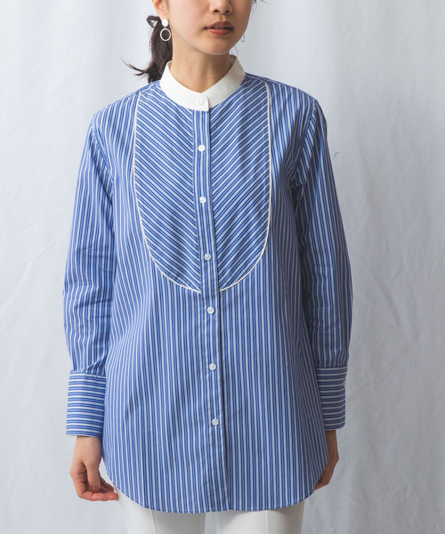 NARACAMICIE（ナラカミーチェ）の「【NARACAMICIE】ストライプクレリックバンドカラー長袖シャツ（シャツ/ブラウス・レディース・ブルー/ブラック・M/XL/L/S）」の6枚目の写真