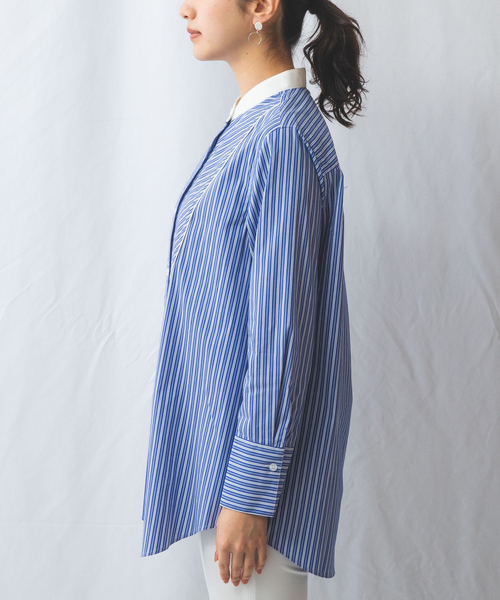 NARACAMICIE（ナラカミーチェ）の「【NARACAMICIE】ストライプクレリックバンドカラー長袖シャツ（シャツ/ブラウス・レディース・ブルー/ブラック・M/XL/L/S）」の7枚目の写真