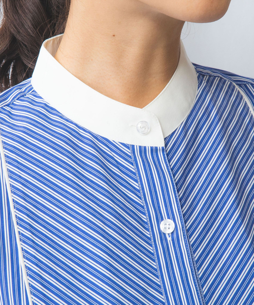 NARACAMICIE（ナラカミーチェ）の「【NARACAMICIE】ストライプクレリックバンドカラー長袖シャツ（シャツ/ブラウス・レディース・ブルー/ブラック・M/XL/L/S）」の9枚目の写真