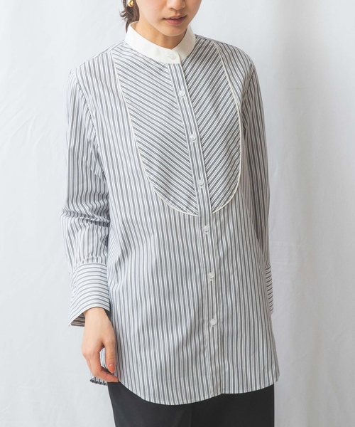 NARACAMICIE（ナラカミーチェ）の「【NARACAMICIE】ストライプクレリックバンドカラー長袖シャツ（シャツ/ブラウス・レディース・ブルー/ブラック・M/XL/L/S）」の16枚目の写真