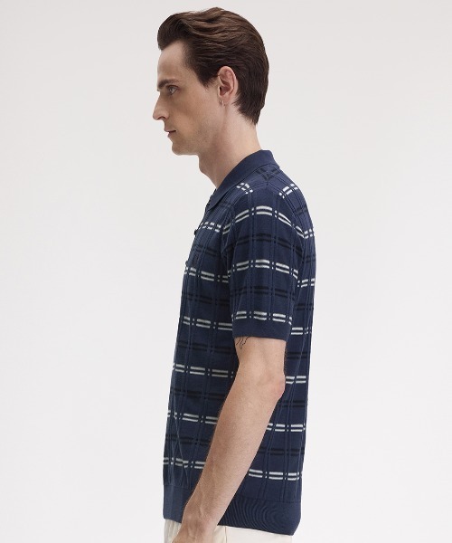 セール】Striped Rib Knitted Polo Shirt／ストライプリブニット