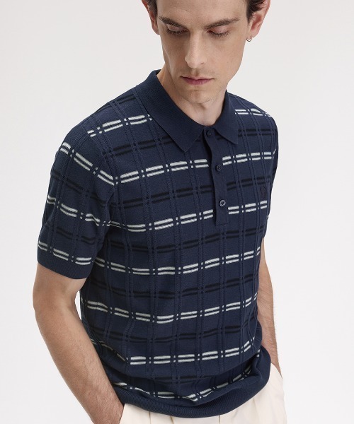 セール】Striped Rib Knitted Polo Shirt／ストライプリブニット