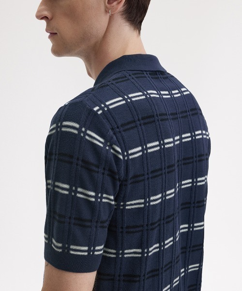 セール】Striped Rib Knitted Polo Shirt／ストライプリブニット