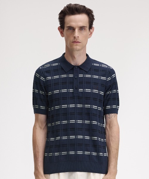 セール】Striped Rib Knitted Polo Shirt／ストライプリブニット