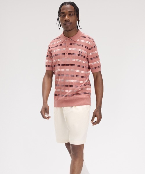 セール】Striped Rib Knitted Polo Shirt／ストライプリブニット