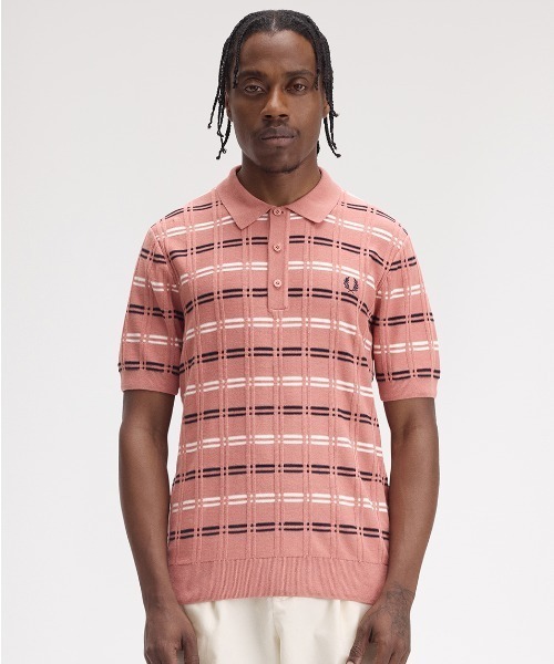 セール】Striped Rib Knitted Polo Shirt／ストライプリブニット