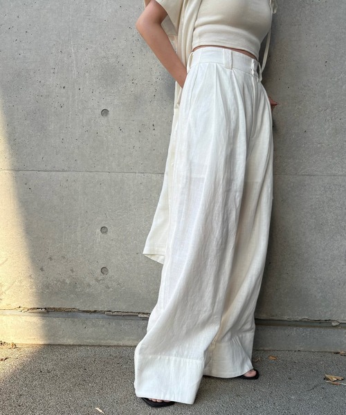 LAULEN（ローレン）の「linen double tuck wide pants /麻混バックゴムダブルタックワイドパンツ（その他パンツ・レディース・アイボリー/ベージュ・FREE）」の6枚目の写真