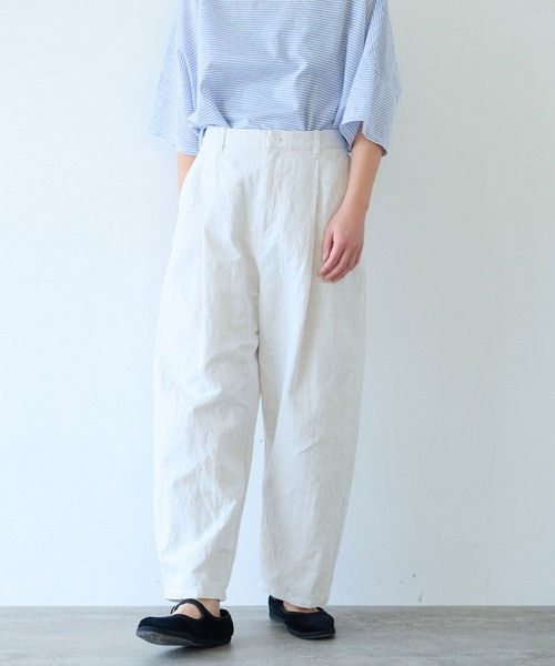 estroislose ホワイトデニム コットンリネンワイドパンツ　ゆったり △コットンリネンデニム バックゴムパンツ（デニムパンツ