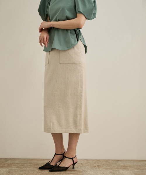 ROPE'（ロペ）の「【洗える】サテンリネン ポケット付きタイトスカート【34サイズ/J'aDoRe・店舗限定】/25SS（スカート・レディース・ブラウン/キナリ/イエロー/ネイビー・36/38/40）」の6枚目の写真