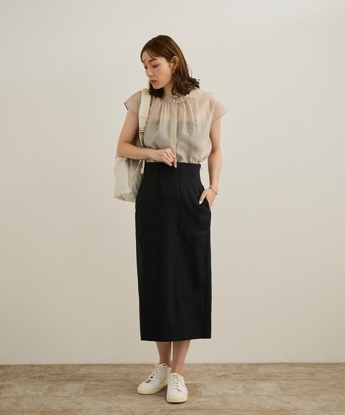 ROPE'（ロペ）の「【洗える】サテンリネン ポケット付きタイトスカート【34サイズ/J'aDoRe・店舗限定】/25SS（スカート・レディース・ブラウン/キナリ/イエロー/ネイビー・36/38/40）」の10枚目の写真