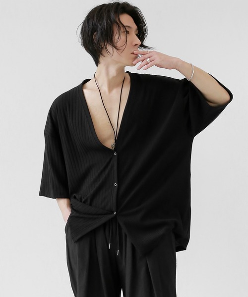 minsobi(ミンソビ)の「半袖セミシアーニットカーディガン(カーディガン/ボレロ・メンズ・ブラック/ホワイト・FREE)」の2枚目の写真