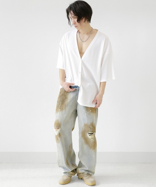 minsobi(ミンソビ)の「半袖セミシアーニットカーディガン(カーディガン/ボレロ・メンズ・ブラック/ホワイト・FREE)」の9枚目の写真