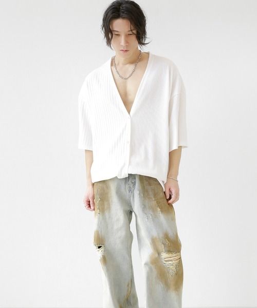 minsobi(ミンソビ)の「半袖セミシアーニットカーディガン(カーディガン/ボレロ・メンズ・ブラック/ホワイト・FREE)」の13枚目の写真