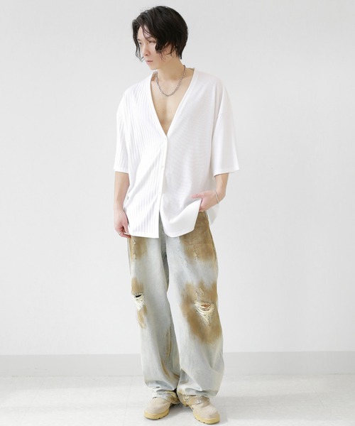 minsobi(ミンソビ)の「半袖セミシアーニットカーディガン(カーディガン/ボレロ・メンズ・ブラック/ホワイト・FREE)」の10枚目の写真