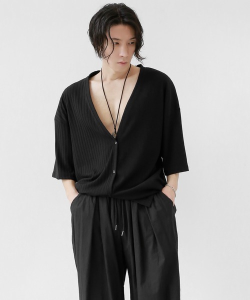 minsobi(ミンソビ)の「半袖セミシアーニットカーディガン(カーディガン/ボレロ・メンズ・ブラック/ホワイト・FREE)」の3枚目の写真