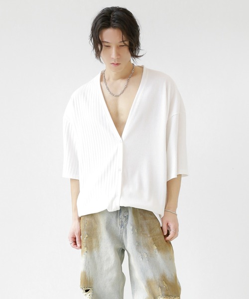 minsobi(ミンソビ)の「半袖セミシアーニットカーディガン(カーディガン/ボレロ・メンズ・ブラック/ホワイト・FREE)」の7枚目の写真