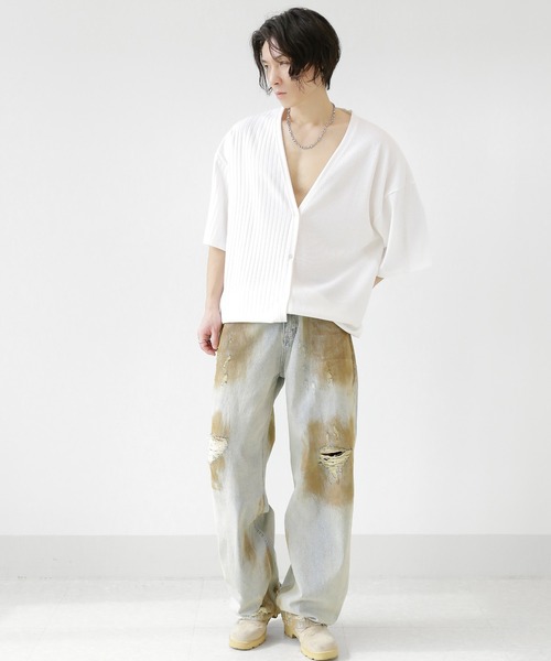 minsobi(ミンソビ)の「半袖セミシアーニットカーディガン(カーディガン/ボレロ・メンズ・ブラック/ホワイト・FREE)」の8枚目の写真