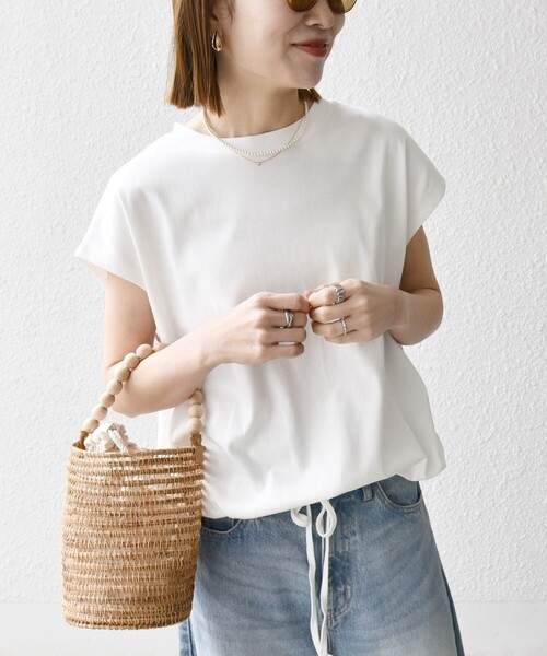 SHIPS any（シップス エニィ）の「SHIPS any:〈接触冷感/汗染み防止加工/洗濯機可能〉ドロスト フレンチスリーブ TEE（Tシャツ/カットソー・レディース・ピンク/ネイビー/ライトグレー/ホワイト/ブラック/キャメル/イエロー・ONE SIZE）」の2枚目の写真