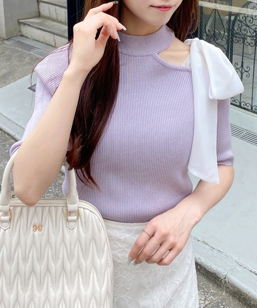 INGNI(イング)の「ワンショルシアーリボン半袖ニット(ニット/セーター・レディース・ふじ色系1/ピンク系2/ブラック×ホワイト/ホワイト×ブラック・M)」の18枚目の写真
