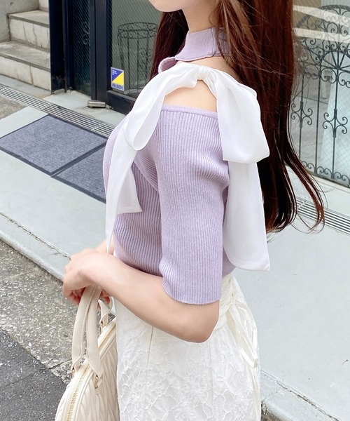 INGNI(イング)の「ワンショルシアーリボン半袖ニット(ニット/セーター・レディース・ふじ色系1/ピンク系2/ブラック×ホワイト/ホワイト×ブラック・M)」の19枚目の写真