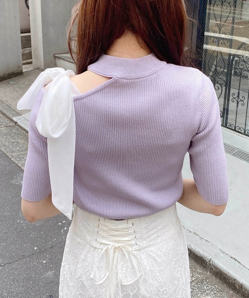 INGNI(イング)の「ワンショルシアーリボン半袖ニット(ニット/セーター・レディース・ふじ色系1/ピンク系2/ブラック×ホワイト/ホワイト×ブラック・M)」の20枚目の写真