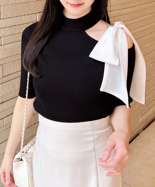 INGNI(イング)の「ワンショルシアーリボン半袖ニット(ニット/セーター・レディース・ふじ色系1/ピンク系2/ブラック×ホワイト/ホワイト×ブラック・M)」の11枚目の写真