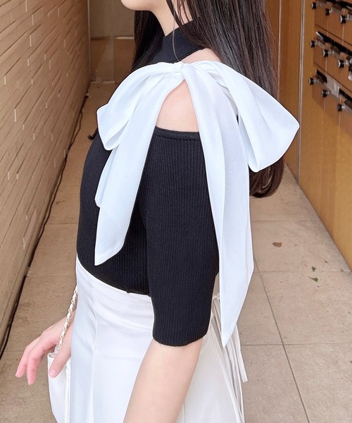 INGNI(イング)の「ワンショルシアーリボン半袖ニット(ニット/セーター・レディース・ふじ色系1/ピンク系2/ブラック×ホワイト/ホワイト×ブラック・M)」の13枚目の写真