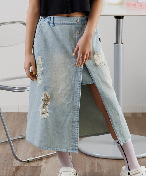 algy（アルジー）の「ダメージデニムロングラップスカート（デニムスカート・キッズ・ブラック/サックスブルー・XX-SMALL/X-SMALL/SMALL/MEDIUM）」の2枚目の写真