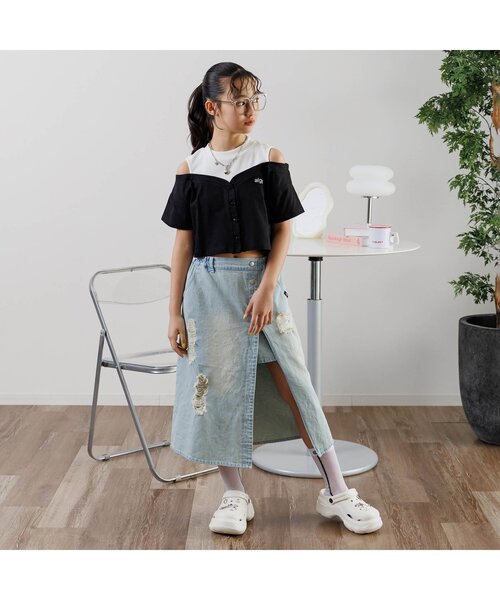 algy（アルジー）の「ダメージデニムロングラップスカート（デニムスカート・キッズ・ブラック/サックスブルー・XX-SMALL/X-SMALL/SMALL/MEDIUM）」の3枚目の写真