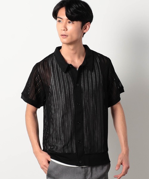 Grand PARK（グランドパーク）の「[ニットシャツ+タンクトップ　セットアイテム]アンサンブル透かし編みニット半袖シャツ（シャツ/ブラウス・メンズ・ブラック/ホワイト・LARGE/MEDIUM）」の2枚目の写真