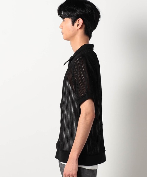 Grand PARK（グランドパーク）の「[ニットシャツ+タンクトップ　セットアイテム]アンサンブル透かし編みニット半袖シャツ（シャツ/ブラウス・メンズ・ブラック/ホワイト・LARGE/MEDIUM）」の4枚目の写真