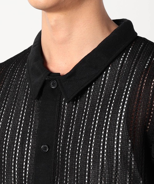 Grand PARK（グランドパーク）の「[ニットシャツ+タンクトップ　セットアイテム]アンサンブル透かし編みニット半袖シャツ（シャツ/ブラウス・メンズ・ブラック/ホワイト・LARGE/MEDIUM）」の6枚目の写真