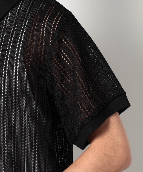 Grand PARK（グランドパーク）の「[ニットシャツ+タンクトップ　セットアイテム]アンサンブル透かし編みニット半袖シャツ（シャツ/ブラウス・メンズ・ブラック/ホワイト・LARGE/MEDIUM）」の7枚目の写真