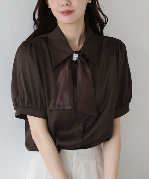 未使用　パールブラウス　36 clear｜肩パールオーガンジー七分袖ブラウス≪2024SS