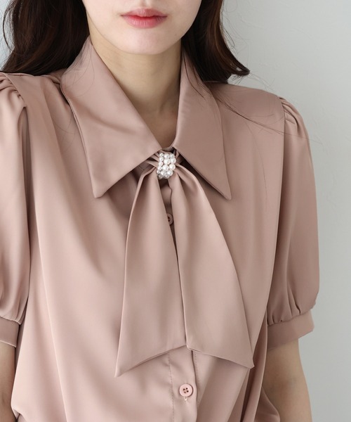 セール】半袖パールデザインブラウス（シャツ/ブラウス