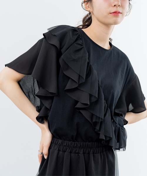 ANNA LUNA(アンナルナ)の「【ANNA LUNA】甘すぎない 大人 の フリル Tシャツ(Tシャツ/カットソー・レディース・ブラック/オフホワイト・MEDIUM)」の7枚目の写真
