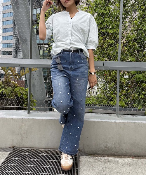 aimoha(アイモハ)の「サイドリボン付き ノーカラーショートブラウス (SS)(シャツ/ブラウス・レディース・ホワイト/ライトベージュ/ブルー・FREE)」の14枚目の写真