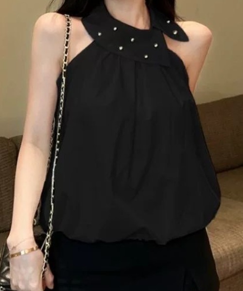 セール】ビジュー付きアシンメトリーホルターネックトップス