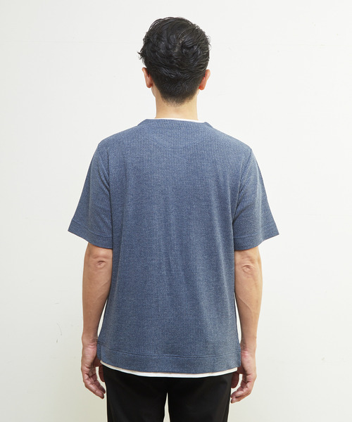 MEN'S MELROSE（メンズメルローズ）の「リンクスストライプキーネックフェイクレイヤードTシャツ（Tシャツ/カットソー・メンズ・ネイビー/チャコールグレー/ライトグレー・4/3/2）」の6枚目の写真